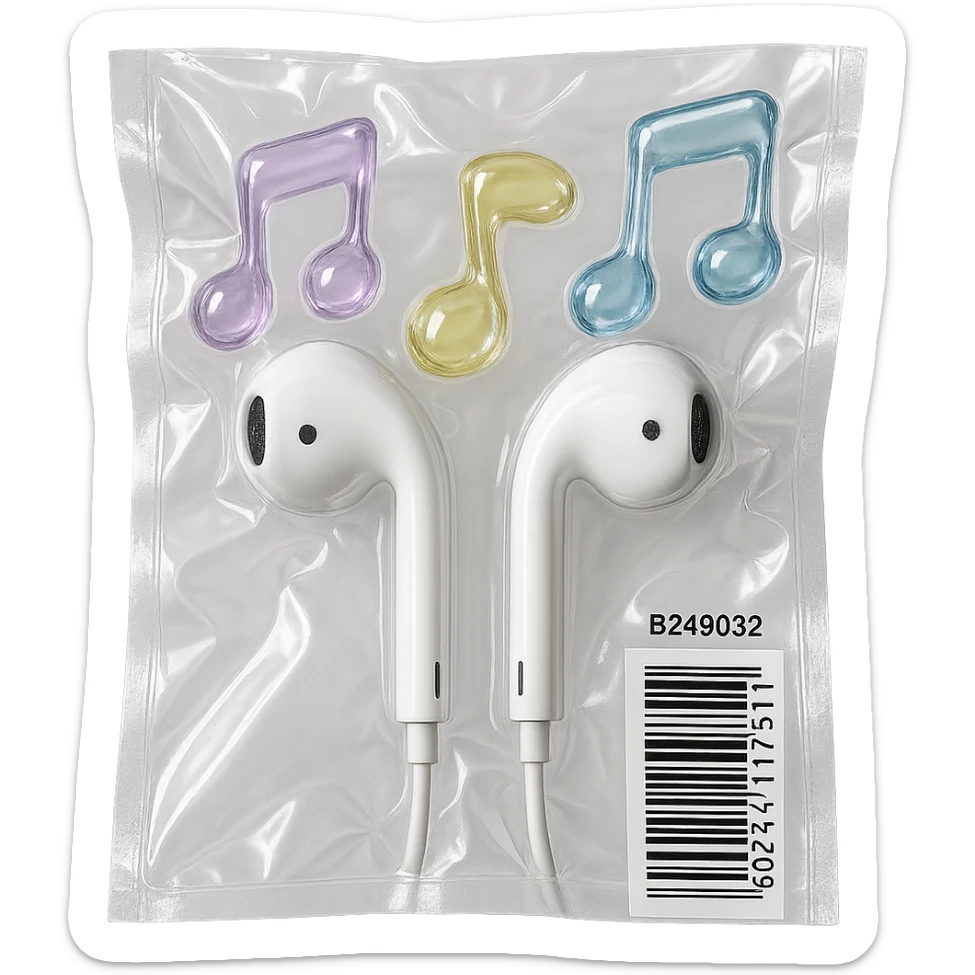 pair of white EarPods with three floating glass music notes in pastel colors, shiny and puffy, vacuum-sealed style sticker