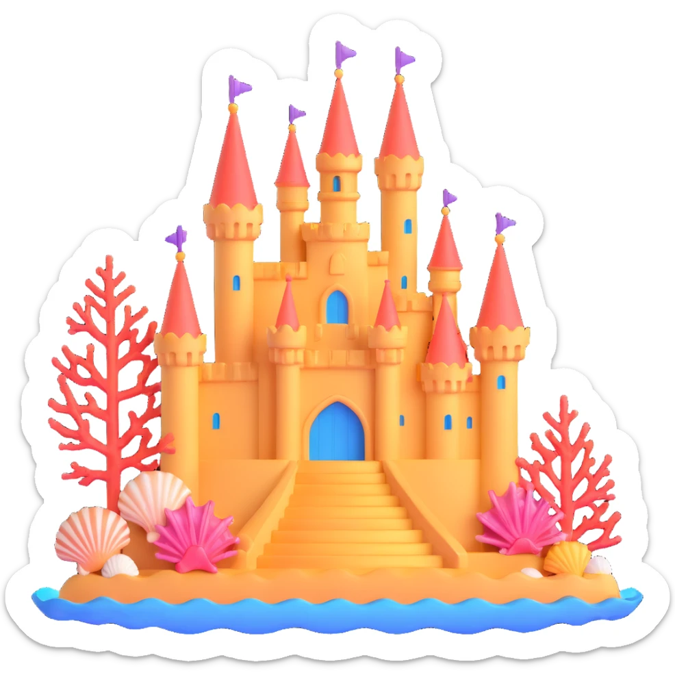 Ariel's underwater castle from The Little Mermaid, golden spires, colorful coral, seashell architecture, bubbles sticker