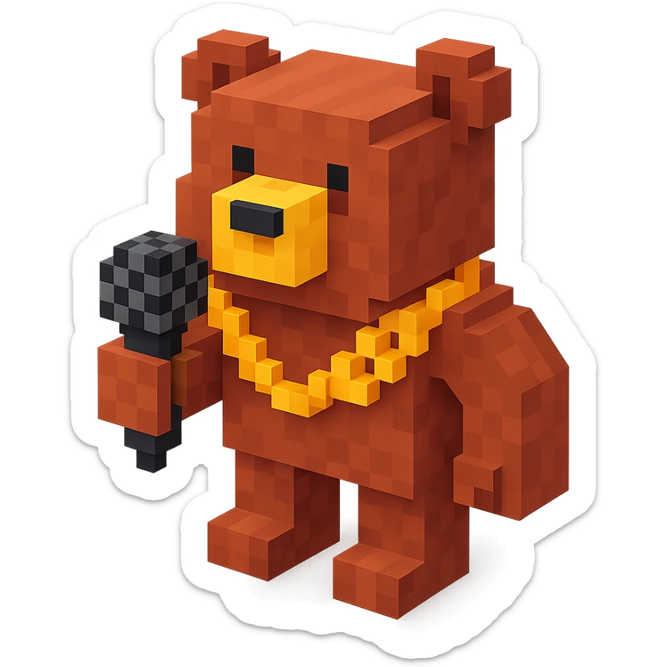 Russian grizzly bear with a rapper chain, holding a microphone sticker