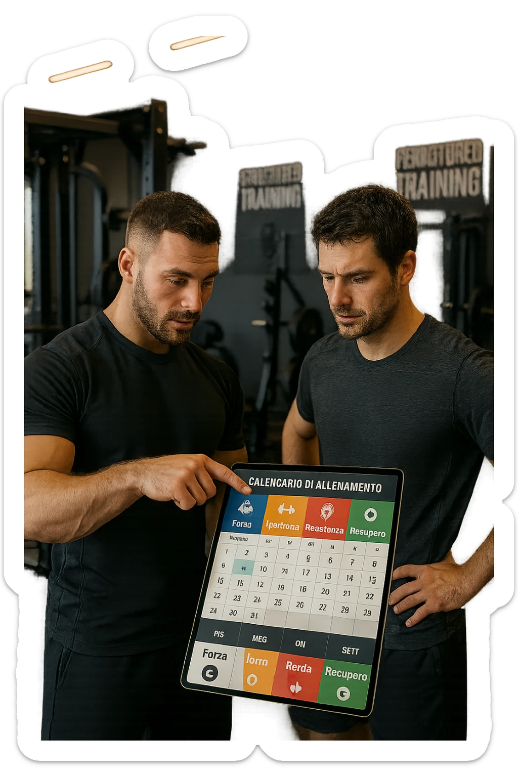 realistic cinematic photo a personal trainer and a client stand in a modern gym, reviewing a large, color-coded training calendar or chart on a tablet. The calendar shows different phases (Forza, Ipertrofia, Resistenza, Recupero) with icons and dates. Around them, gym equipment and motivational posters reinforce the idea of structured, periodized training. in italiano sticker