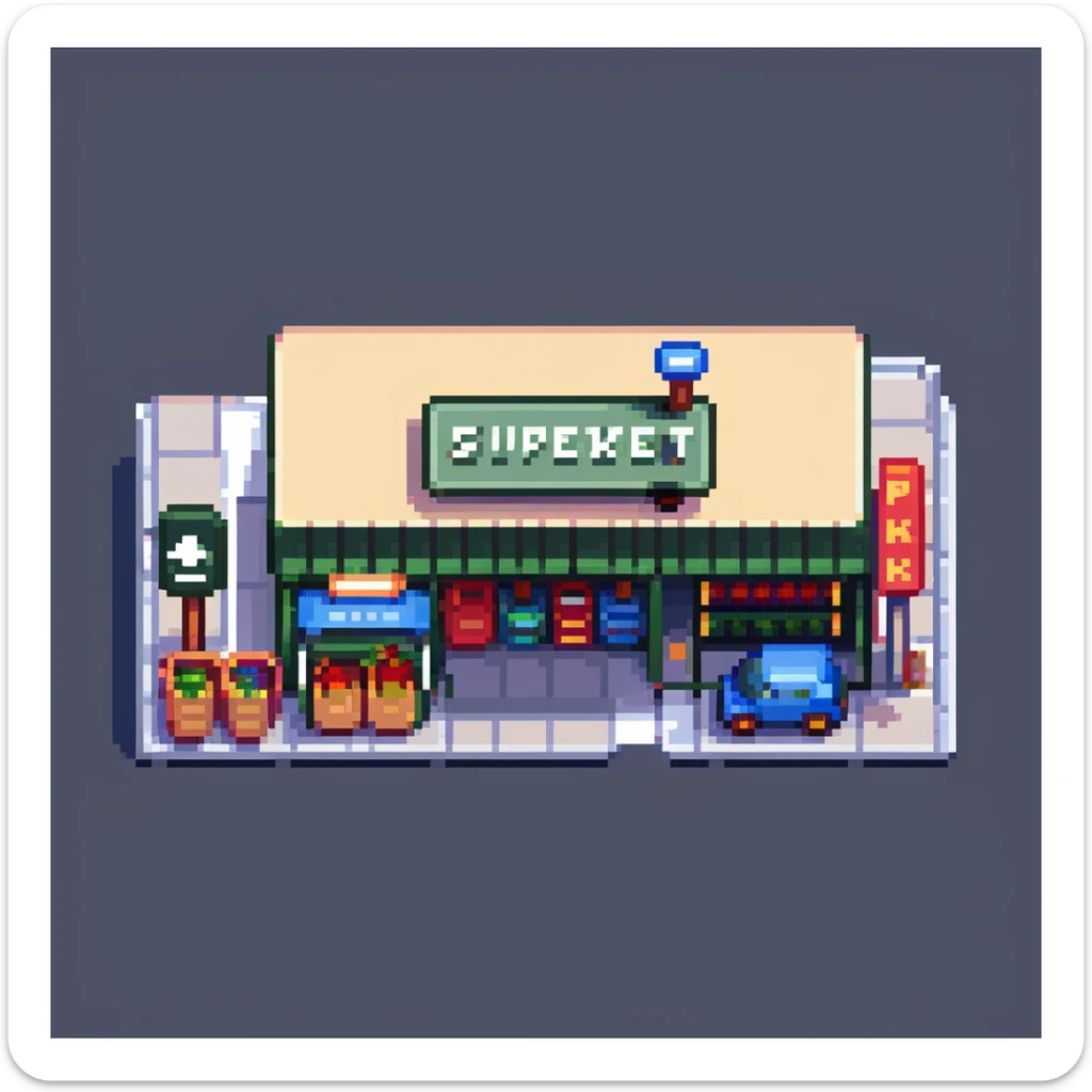 Isometric view of a supermarket building exterior with parking lot, shopping carts, and store sign sticker