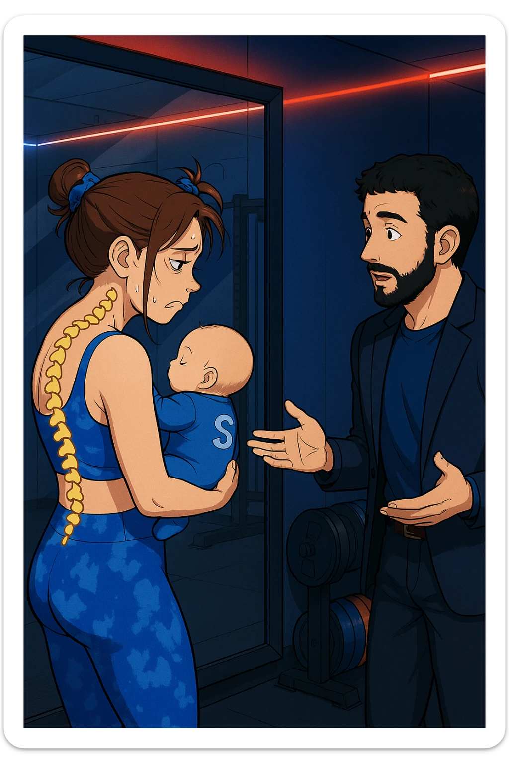 ispirati a questo stile di disegno e fai questa immagine in versione manga/webtoon a colori, il manga mostra la donna che si guarda alla specchio preoccupata di profilo con la postura sbagliata e incurvata, spalle chiuse e curve in avanti, con un neonato in braccio con una tutina azzurra e la scritta "S" sulla schiena, spina dorsale storta della donna in evidenza mentre al suo fianco anche l'uomo guarda la donna riflessa nello specchio e le spiega una cosa, ma non fare i fumetti, fai come se stessero parlando sticker