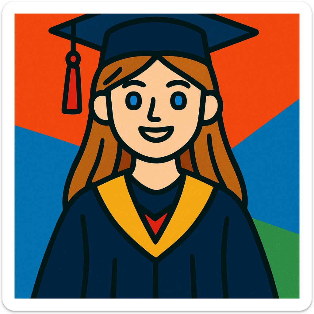 light brown haired girl with long hair, blue eyes, and pale skin wearing graduation regalia, vibrant cartoon style sticker