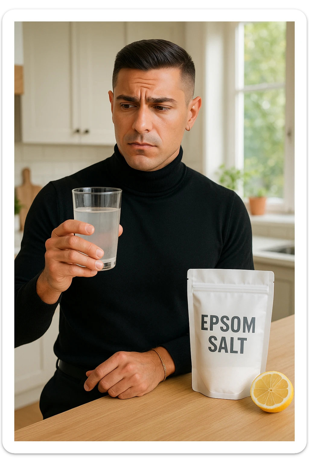 A realistic, bright photo-style image of a young man in his 30s standing in his kitchen, holding a clear glass filled with water in which Epsom salt (magnesium sulfate) has been dissolved. He looks focused but slightly uncertain as he prepares to drink it for a liver flush or digestive cleanse. The glass shows slight cloudiness from the dissolved salt. On the counter are a packet labeled 'Epsom Salt' and a sliced lemon, suggesting he might use it to mask the taste. The setting is clean, natural, and bright with neutral tones. The background shows sunlight streaming through a window, emphasizing a clean, minimalist health-focused environment. The mood conveys a realistic, calm moment of self-care with a hint of discomfort, illustrating a natural detox practice sticker