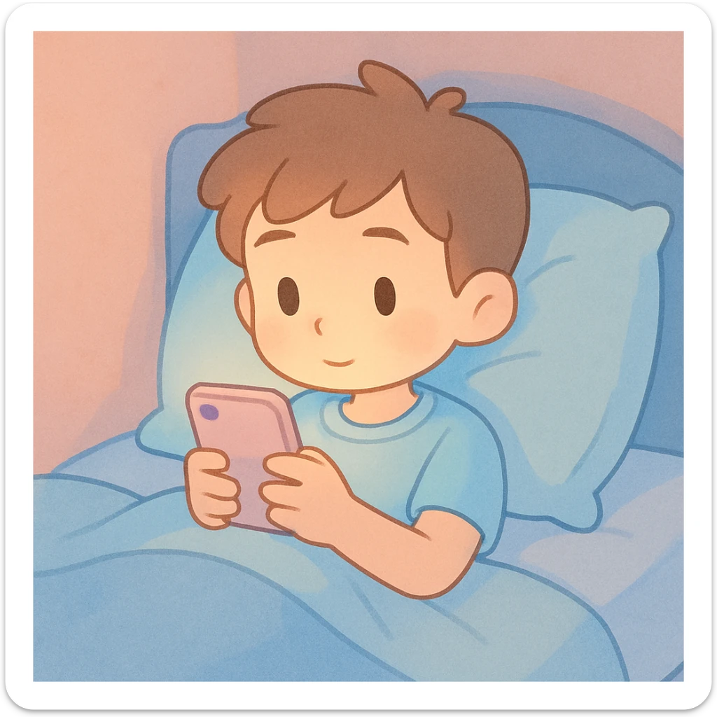 pastel toon style boy in a blue bed, on his phone, wearing a light blue t-shirt sticker