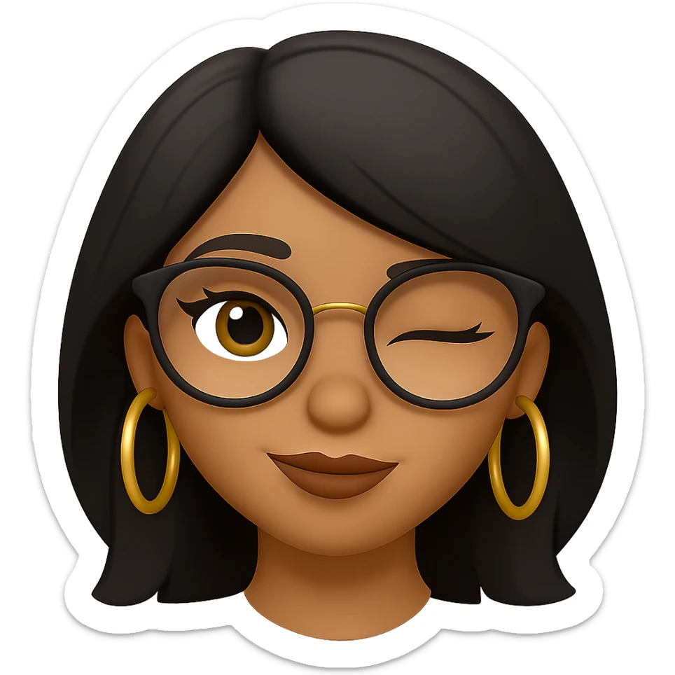 Add gold hoop earrings and stylish glasses to the winking light brown skin girl with small lips, black layered hair, and doe eyes in emoji style. sticker