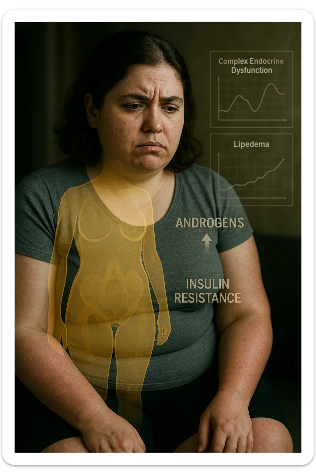 cinematic realistic in italiano Woman with PCOS struggling with hormonal chaos, transparent overlay showing elevated androgens and insulin resistance affecting her body, lipedema causing disproportionate fat accumulation in legs and arms despite normal torso, expression of frustration with unexplained weight gain, medical charts showing complex endocrine dysfunction, painful swollen limbs contrasting with metabolic confusion sticker