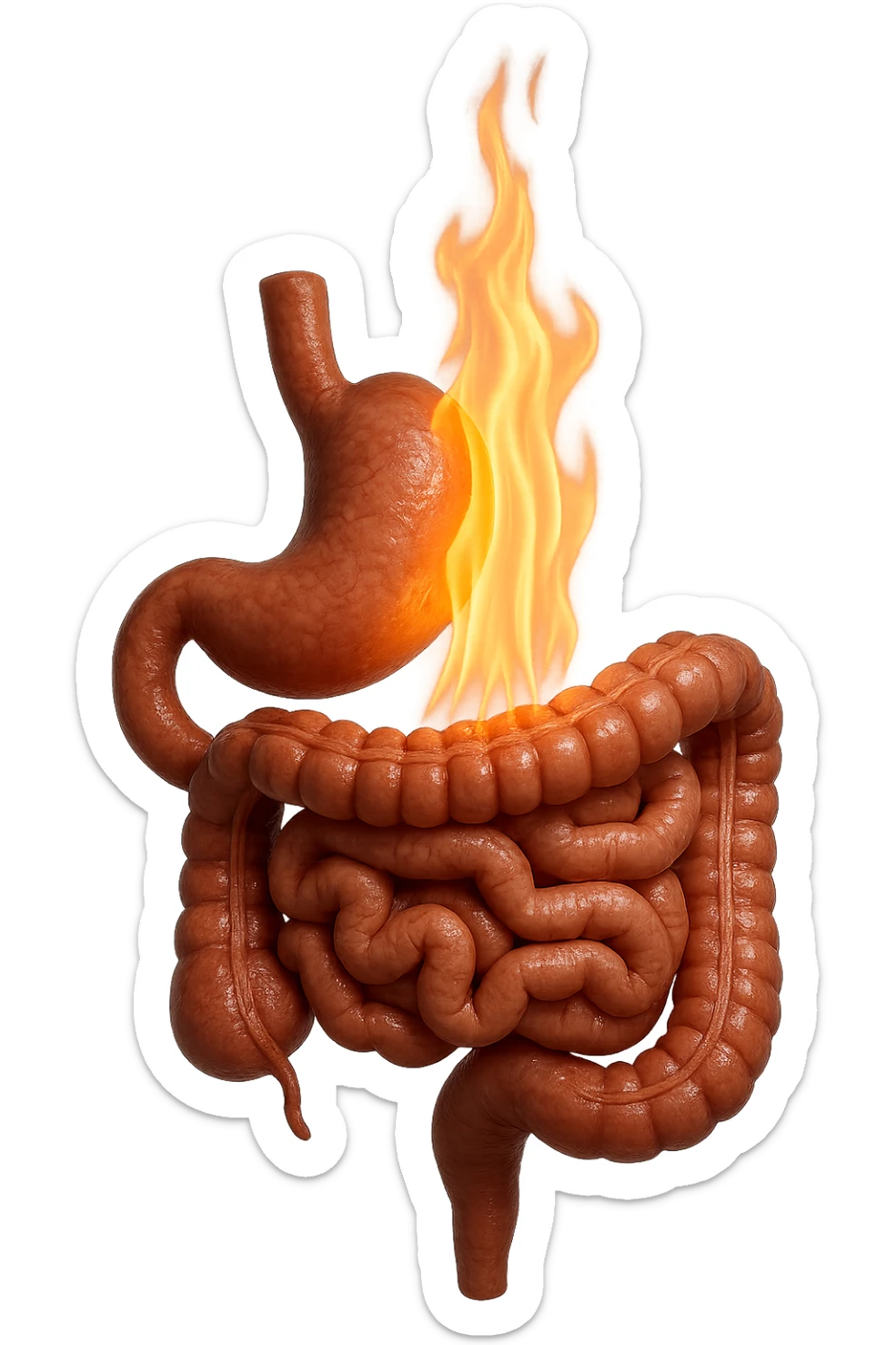 intestino e stomaco sono collegati, con una fiamma che brucia sopra, iperrealistico 4k, non disegnato sticker