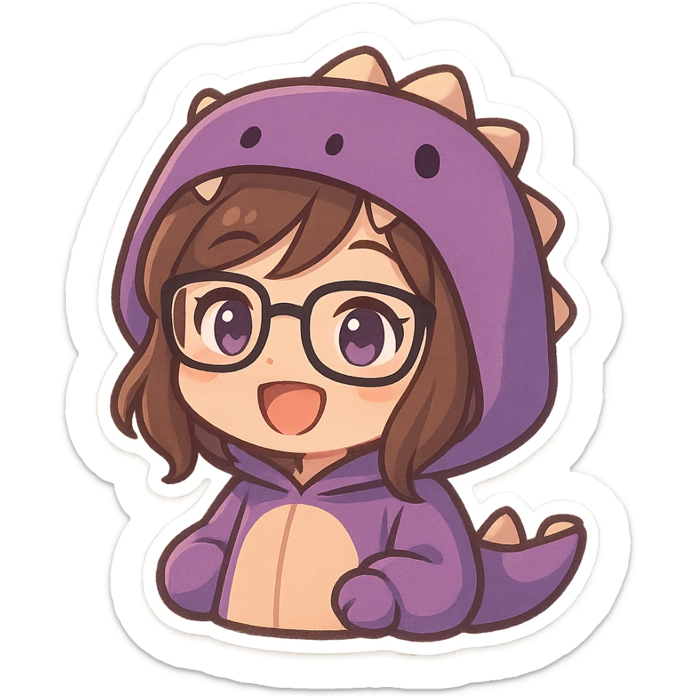 chibi anime style gamer girl with glasses, brown hair, dark purple eyes, wearing a purple dinosaur costume, happy, eyes open, no controller sticker
