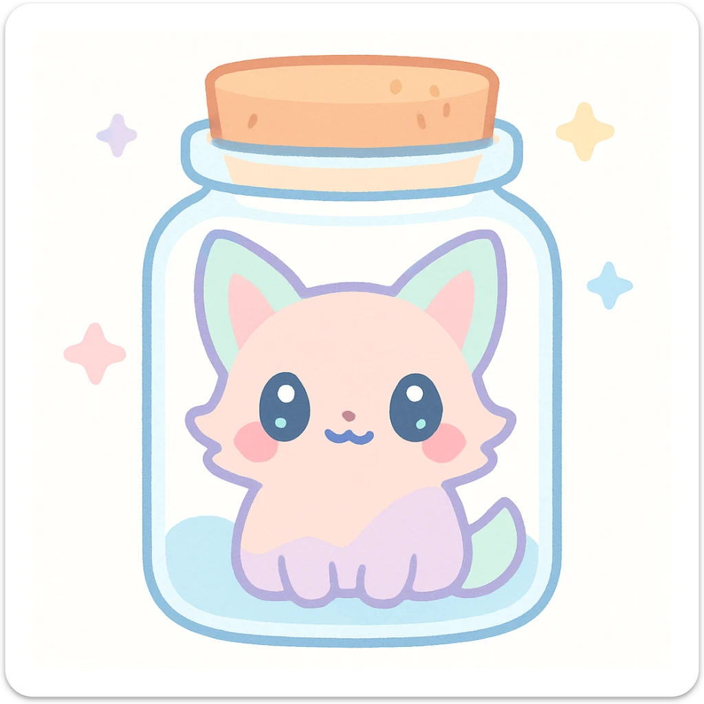 a whimsical animal in a jar with a cork lid, fantasy style, kawaii, magical, imaginative sticker
