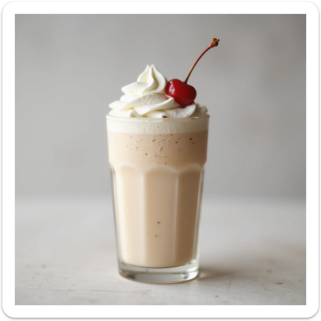 realistic glass of milkshake with whipped cream and cherry, photorealistic style sticker