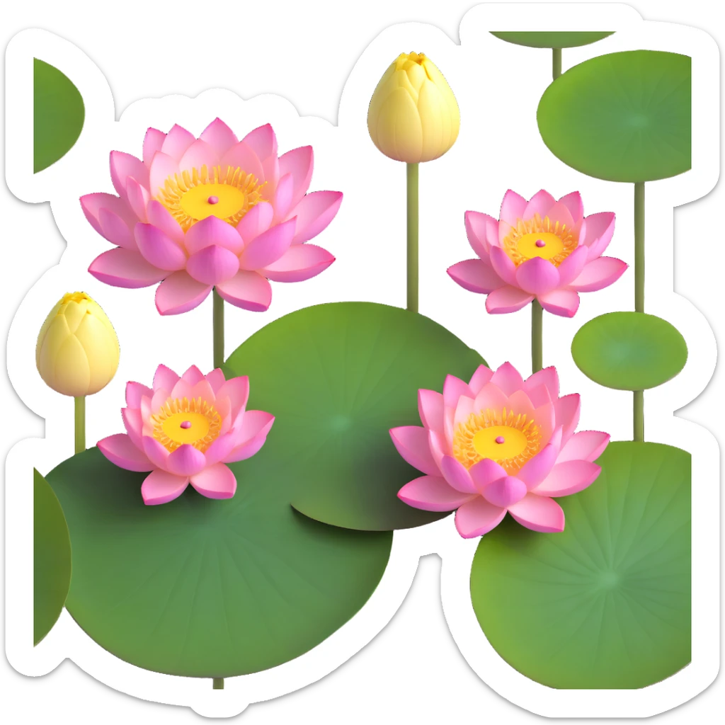 Detailed lotus flower with precise yellow seedpod center showing receptacle holes pattern, layered pink petals, and floating on botanically correct notched lotus leaf sticker