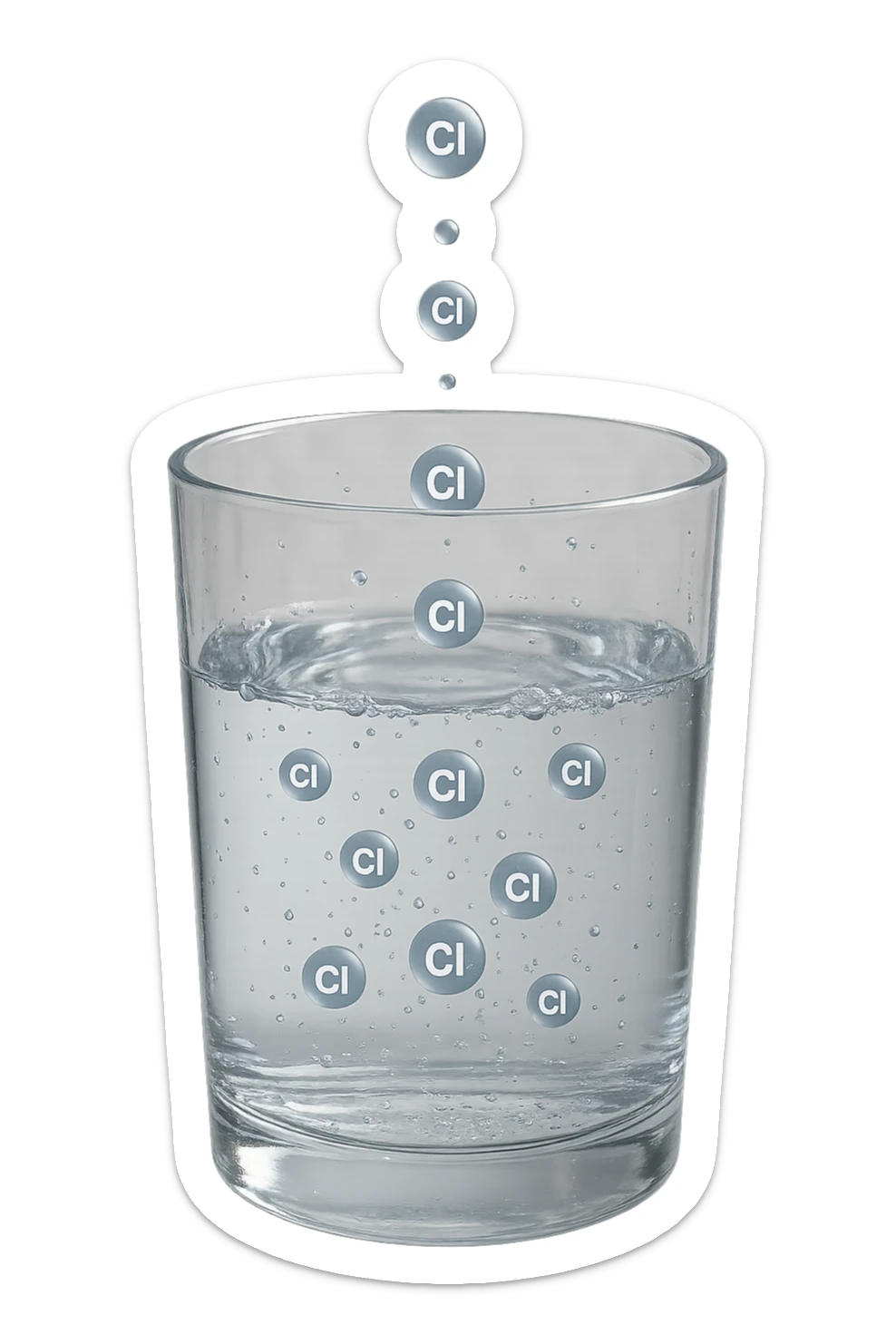 un bicchiere di acqua fluttua in aria realistico e dettagliato, dentro l'acqua del bicchiere ci sono particelle di cloro ben visibili con la scritta "Cl" sopra, ci sono particelle anche che escono dal bicchiere e fluttuano in aria verticalmente, mentre alcune sono all'interno dell'acqua nel bicchiere, iperrealistico 4k sticker