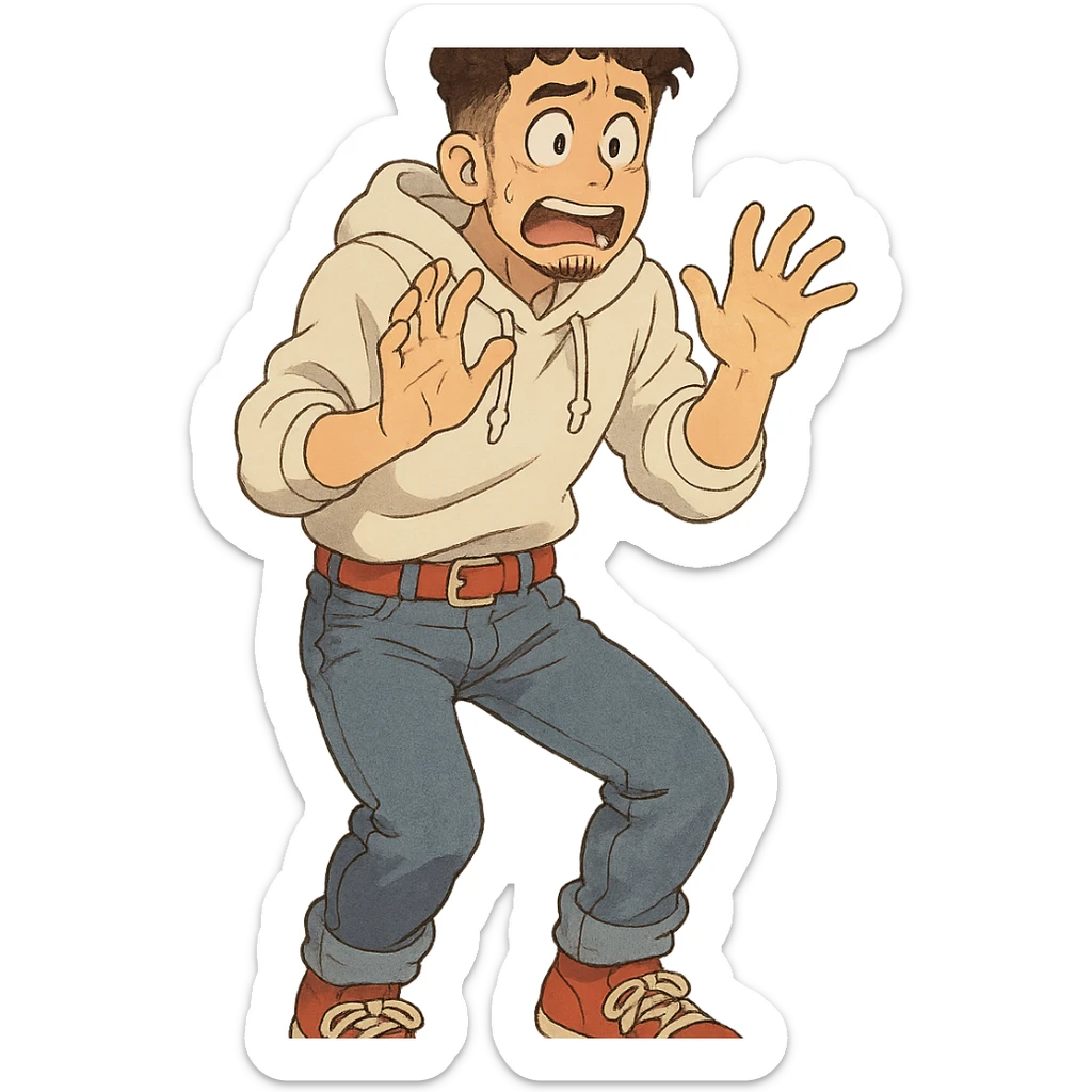 1 male, mid fade haircut dark chestnut brown curly hair, toasted lightskin, white hoodie sleeves up, fashion jeans, red fashion-sneakers shoes, red belt, short trimmed beard and goatee,  style of deku from "my hero academia", doing a "oh no / scared" pose sticker