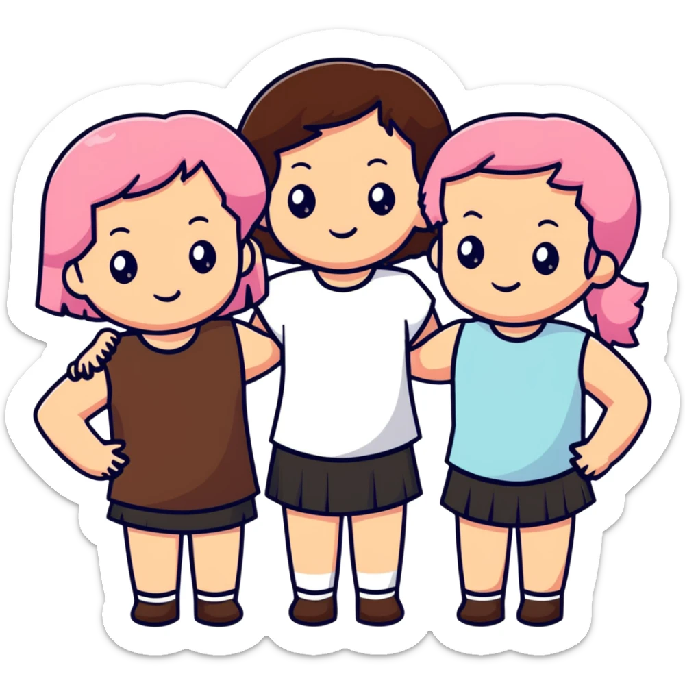 a black girl with dark brown hair next to a white girl with pink hair and a white girl with brown hair sticker