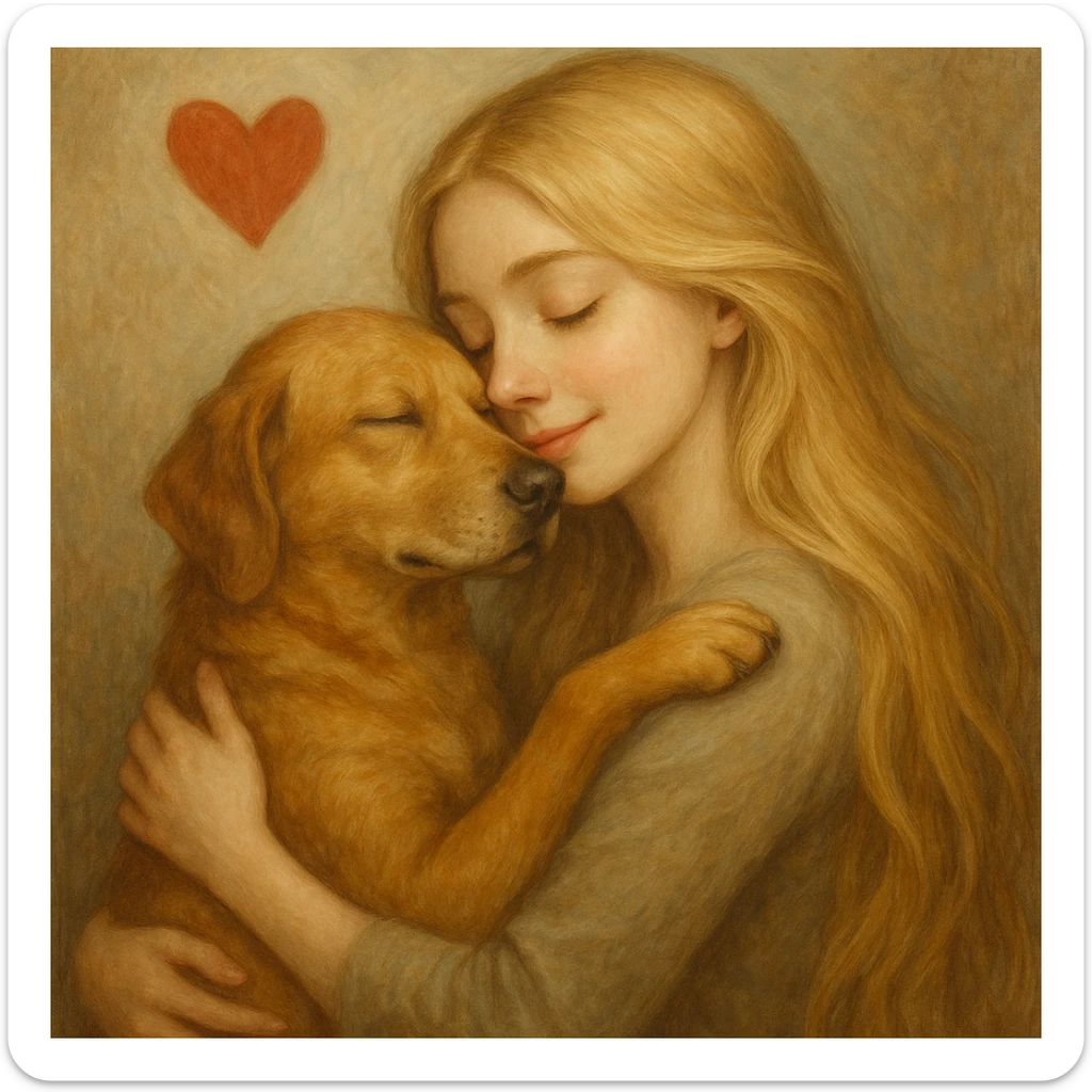 A pretty woman with pale skin and very long blonde hair embracing a dog, a heart floating around her. sticker