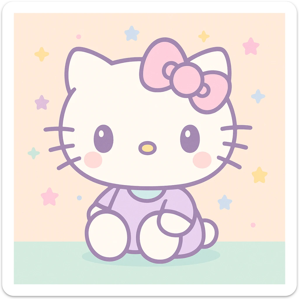 Hello Kitty, pastel kawaii style, soft colors, white cat with a pink bow, minimal background sticker