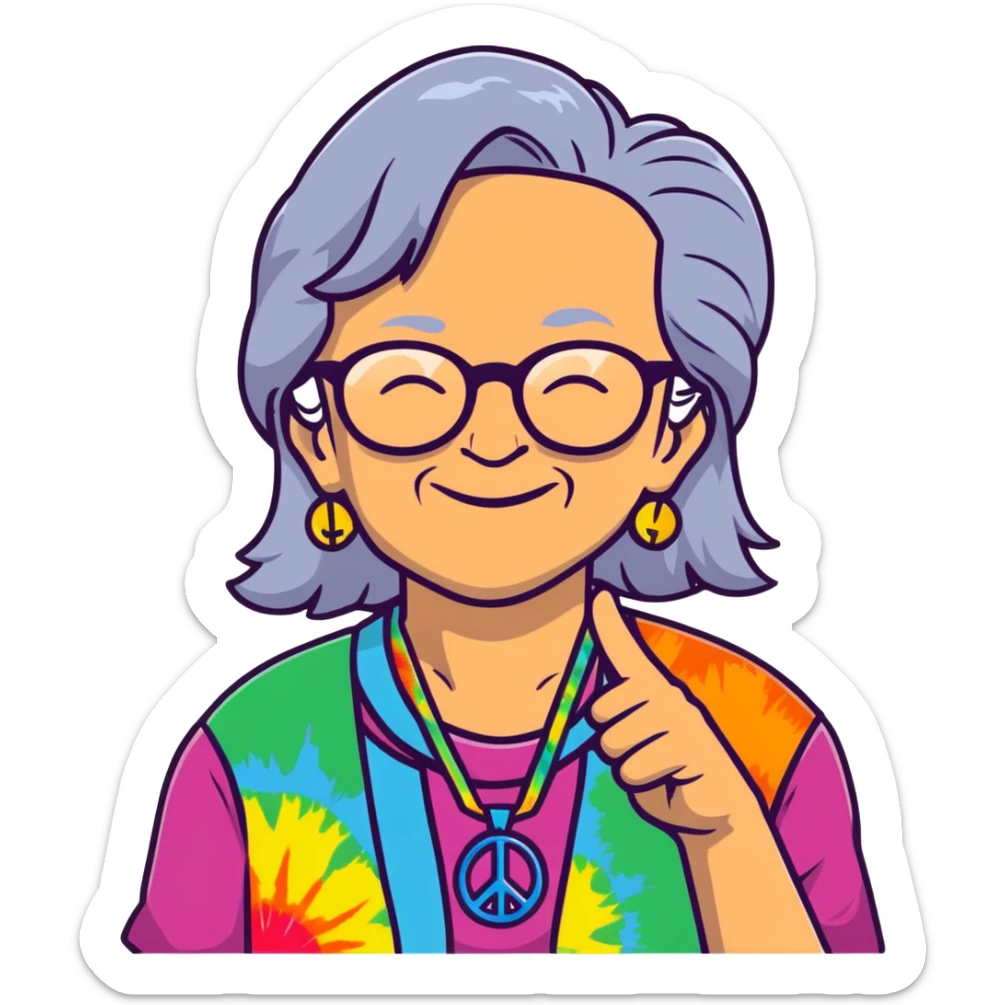 Elderly woman with long gray hair, peace sign necklace, colorful tie-dye clothing, round glasses, hippie grandma with a relaxed smile sticker