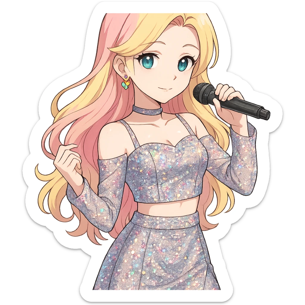 Fluttershy as a human K-pop idol in anime style, long wavy blonde hair, sparkly modern outfit, holding a microphone, transparent background sticker