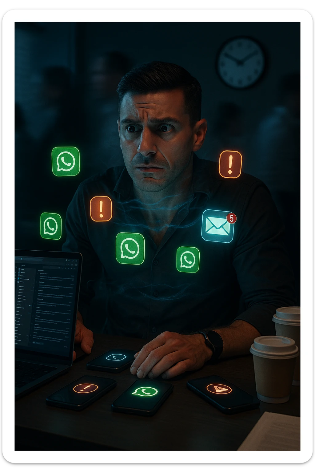 A highly realistic, cinematic portrait of a young man in his early 30s with a tired, tense expression, sitting at his modern office desk surrounded by multiple smartphones with glowing notification bubbles (WhatsApp, emails, alerts) hovering around him like aggressive neon icons. His posture is hunched, shoulders raised, eyes slightly wide, and jaw clenched, representing constant hyper-vigilance and stress. The environment is a cold, cluttered workspace with a laptop displaying endless emails and Slack notifications, coffee cups stacked nearby, and a clock showing late hours, symbolizing the relentless pace of modern work life. Behind him, ghostly blurred figures rush by in a fast-motion effect, representing the constant rush and societal pressure. A faint, tight grey aura wraps around his chest and head, symbolizing blocked breathing and mental tension, while faint blue light tries to push through, representing the body’s desire to find calm. The lighting is harsh and cool, with a 35mm hyperrealistic film style, shallow depth of field focusing on the man’s stressed face and the floating notifications, illustrating the modern trap of always being on alert. sticker