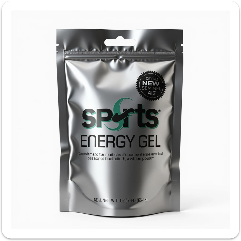 sports energy gel, realistic style, detailed, metallic pouch, sporty sticker