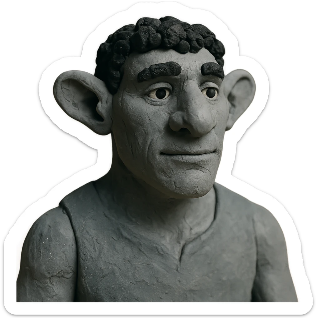 firbolg from DnD with gray skin, black curly hair, clean-shaven face, no beard in claymation style sticker