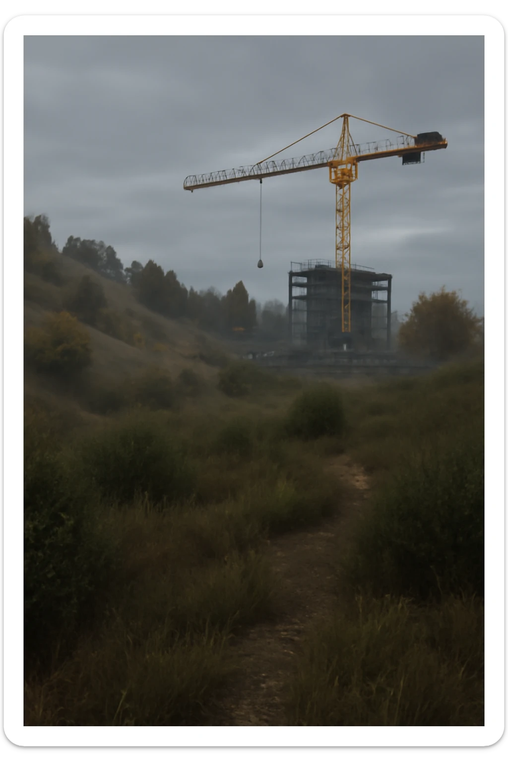  a scene amongst hills and bushes in the game DAYZ with a construction site and tall yellow crane in the background, screenshot, overcast day sticker