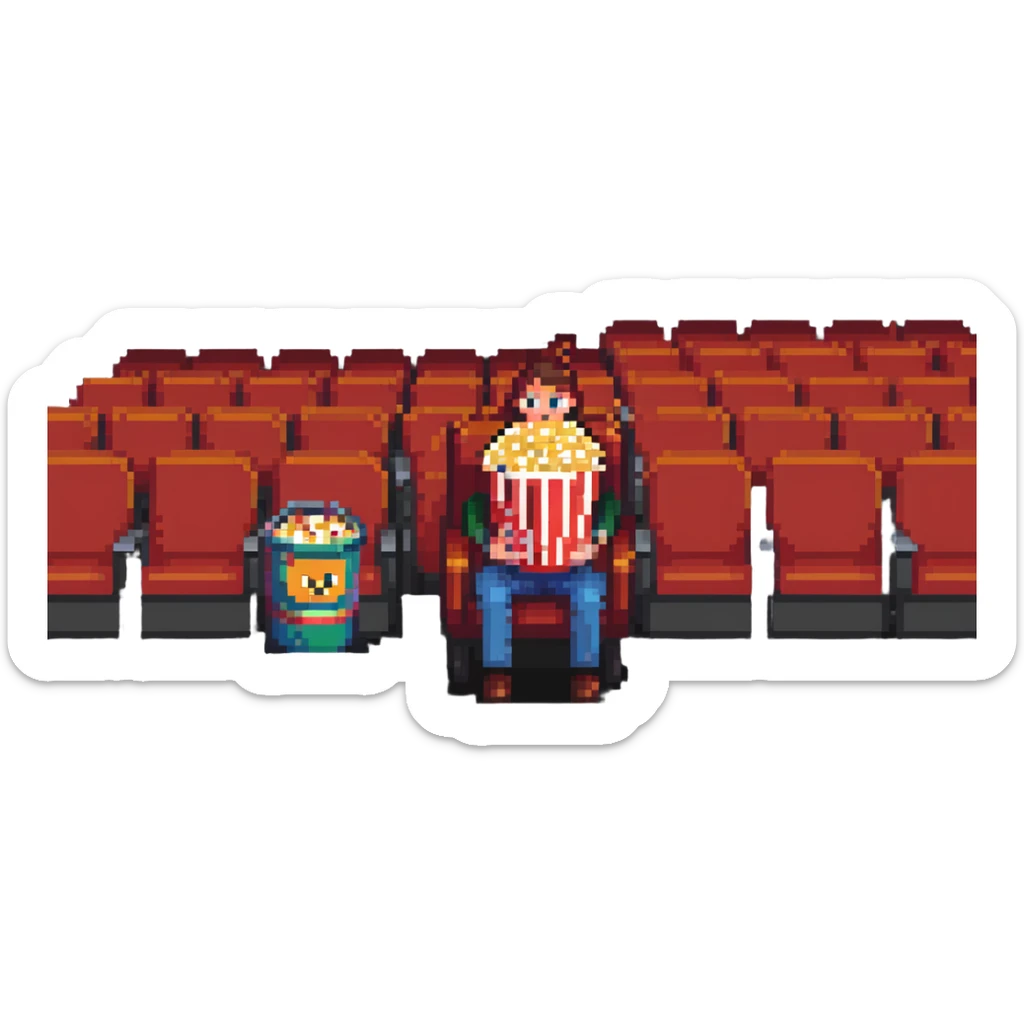 Pixel art person sitting in movie theater chair with popcorn bucket, watching big screen sticker