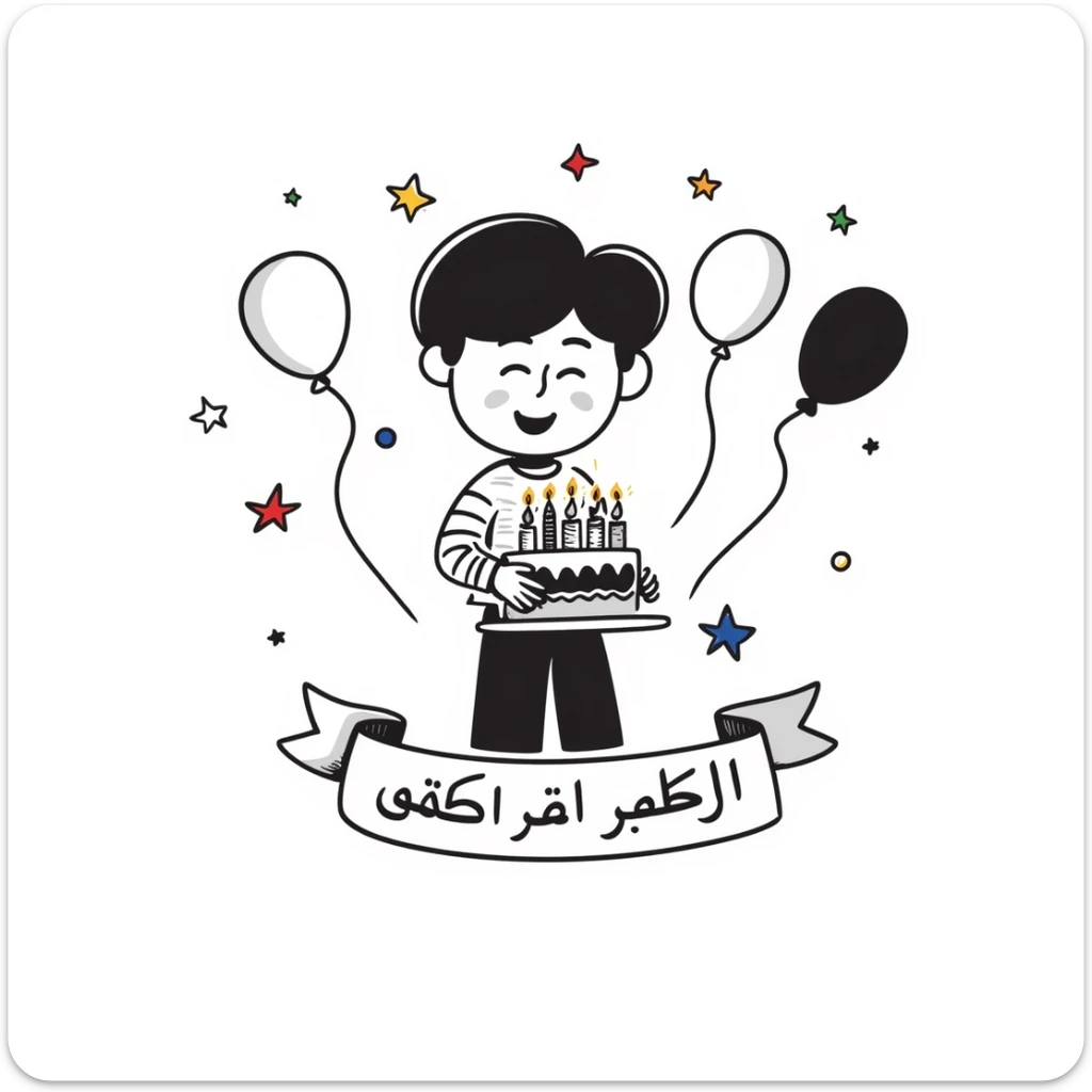 A very colorful, vibrant illustration of a happy little boy celebrating with a birthday cake with lit candles, colorful balloons and decorations. Include large, clear Persian text at the bottom that says: "امیدرضا جان تولدت مبارک" sticker