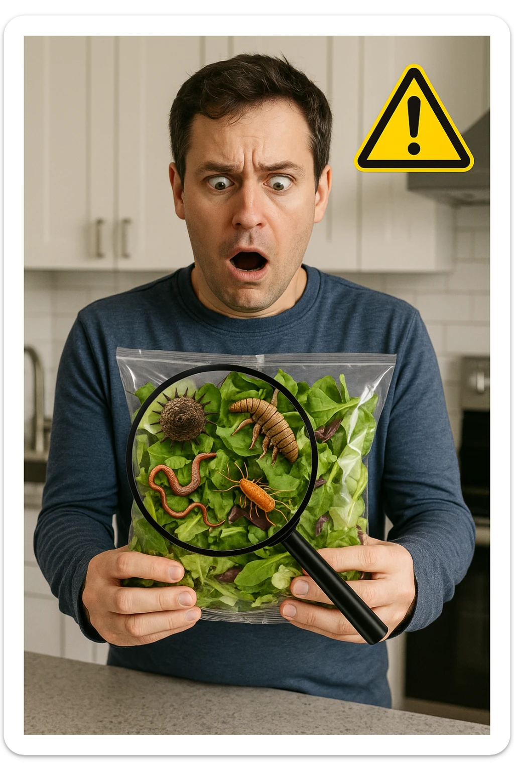 a man holds a bag of salad with both hands, his face frozen in shock as he looks at the contents. Inside the bag, exaggerated but realistic depictions of parasites and bacteria are visible, some highlighted with a magnifying glass overlay. The background is a clean kitchen, and a warning sign appears in the corner to reinforce the message about food safety. sticker