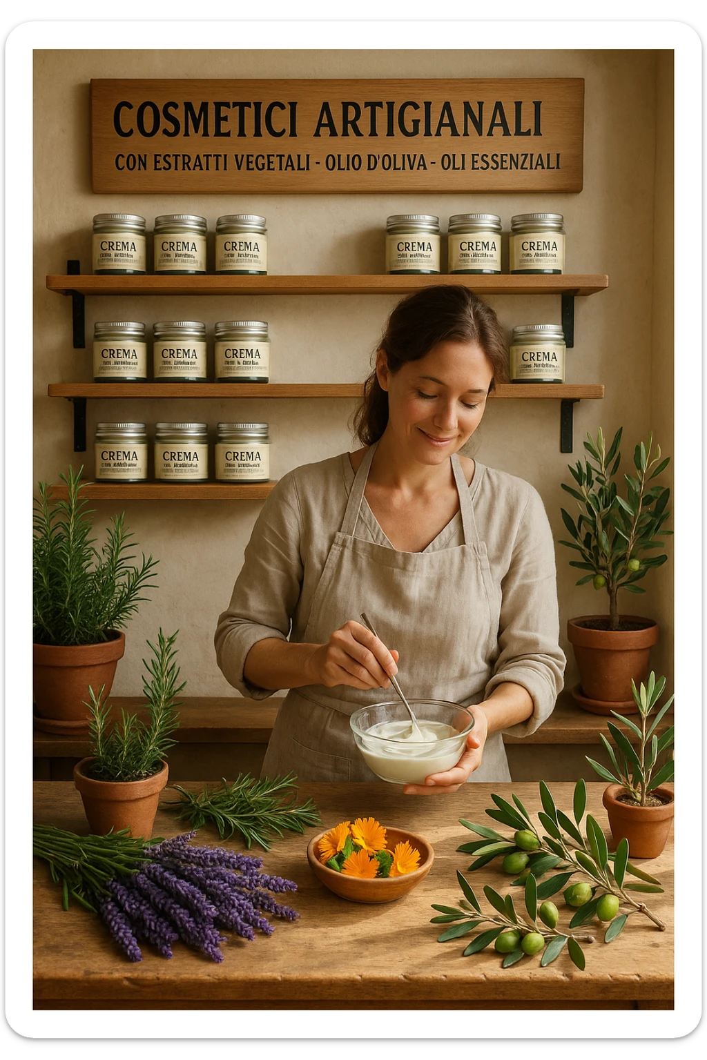 A realistic, high-quality photo of a small artisan skincare laboratory in Italy, with wooden shelves displaying beautifully packaged glass jars of natural creams made with herbal and botanical extracts, olive oil, and essential oils, clearly labeled ‘100% Natural’ and ‘Artisan Made in Italy’. The scene includes a bright, sunlit rustic workspace with plants, fresh lavender, rosemary, calendula flowers, and olive branches on the wooden counter, symbolizing purity and nature. A female artisan in a linen apron is carefully mixing creams in a glass bowl, smiling softly. The environment feels warm, authentic, and eco-friendly, emphasizing the concept of handcrafted skincare without synthetic chemicals in italiano sticker