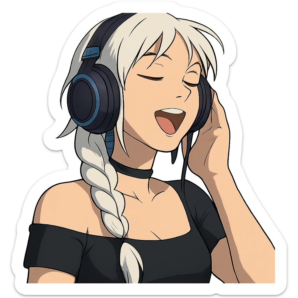she is listening to music in headphones and JAMMIN!, a closeup portrait of young woman with gold yellow eyes, white hair, long braid, black off-shoulder top d-cup, punk gothic style, futuristic cyberwave cyberpunk,  eyes closed, singing, one hand on the headset sticker