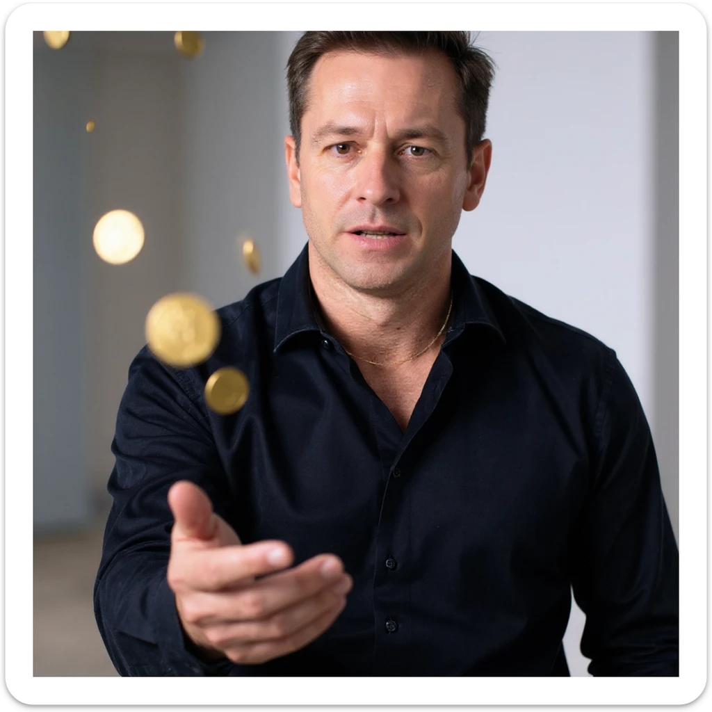 Add the effect of gold coins being thrown by the man with his hand, symbolizing valuable good advice. Maintain the realistic and cinematic style, aspect ratio 2:3. sticker