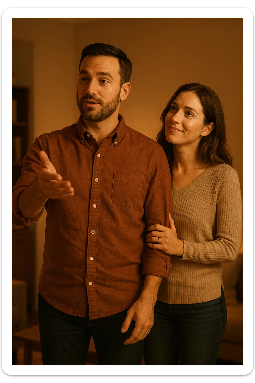 a woman stands slightly behind a man in a domestic setting, looking at him con fiducia e attesa. Il man is upright, with a confident and decisive posture, gently gesturing as if giving direction. The woman’s body language is relaxed and receptive, showing that she trusts and follows his lead. The background is warm and softly lit, emphasizing the couple’s dynamic. sticker
