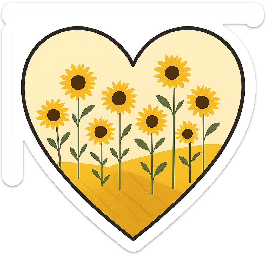 heart with a golden sunflower hill, clean digital illustration sticker