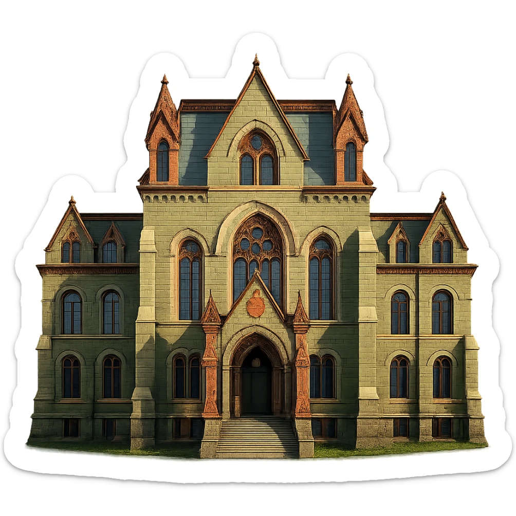 cinematic, realistic emoji of College Hall at the University of Pennsylvania, straight-on perspective, featuring its iconic Victorian Gothic architecture, lifelike detail, bright regal lighting as on a sunny day, accurate building colors sticker
