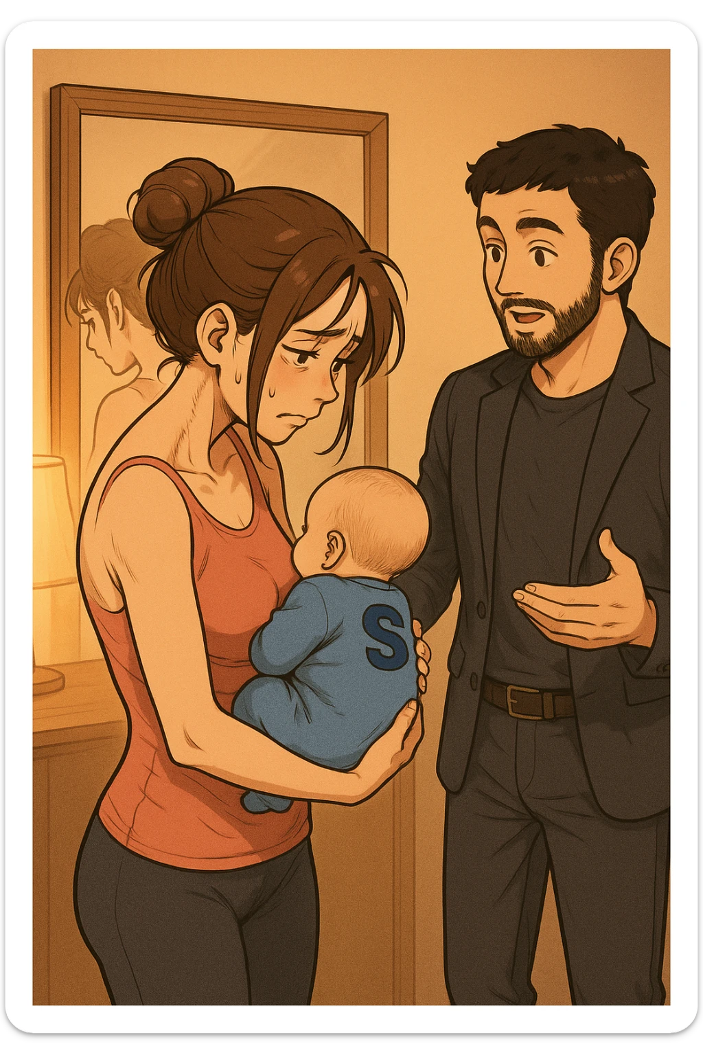 ispirati a questo stile di disegno e fai questa immagine in versione manga/webtoon a colori, il manga mostra la donna che si guarda alla specchio preoccupata di profilo con la postura sbagliata e incurvata, spalle chiuse e curve in avanti, con un neonato in braccio con una tutina azzurra e la scritta "S" blu sulla schiena, spina dorsale storta della donna in evidenza mentre al suo fianco anche l'uomo guarda la donna riflessa nello specchio e le spiega una cosa, ma non fare i fumetti, fai come se stessero parlando sticker