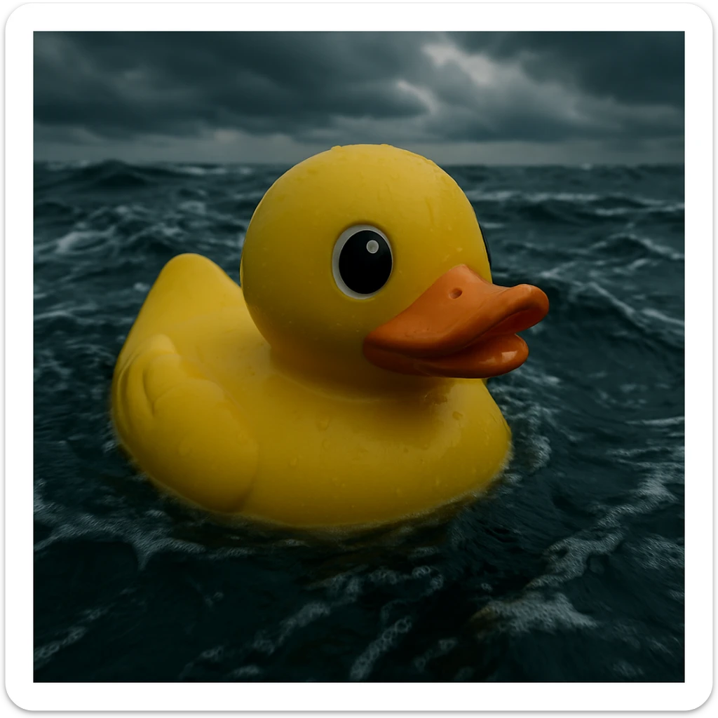 Extreme Closeup shot of Yellow duck toy on ocean during cloudy day, stormy sea, Camera from top, inspired by interstellar, shot by camera alexa 65, 35mm lens sticker