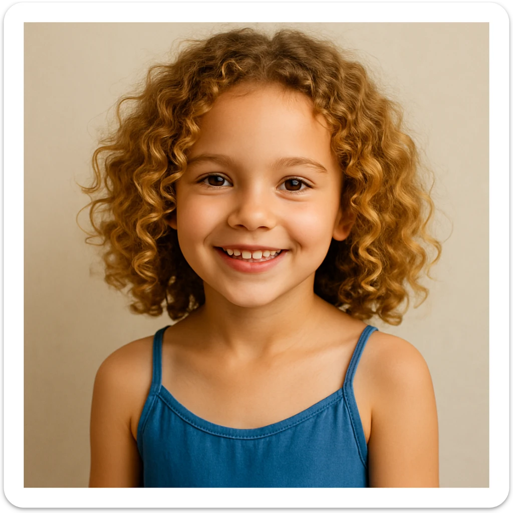 A girl with curly golden hair, brown eyes, blue camisole dress, smiling, simple background sticker