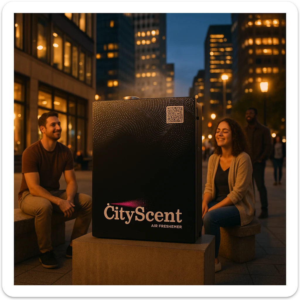 Place this exact CityScent air freshener machine realistically in the center of a modern city at evening, with city lights and a calm urban atmosphere. Show a few people sitting or standing nearby, looking relaxed and happy, enjoying the scent. The style should be photorealistic, realistic and inviting. sticker
