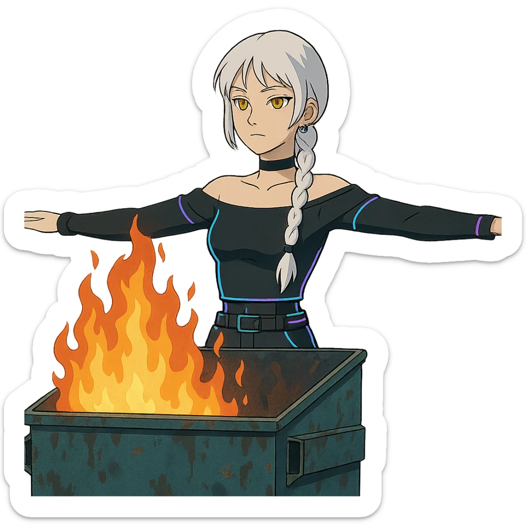  young woman with gold yellow eyes, white hair, long braid, black off-shoulder top, punk gothic style, futuristic cyberwave cyberpunk,, she is calmly t-posing , there is a dumpster fire in front of her sticker