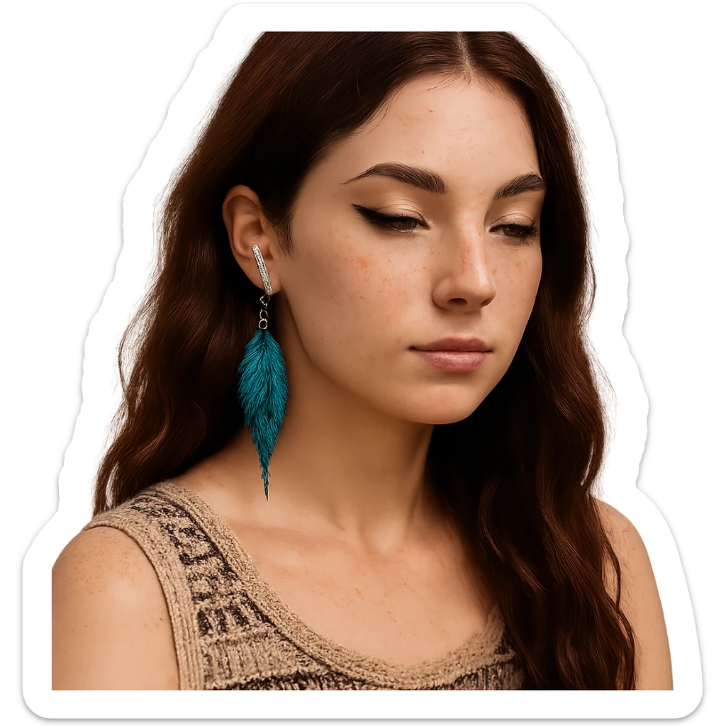 A young woman with fair skin, freckles, oval face, defined cheekbones, soft jawline, meditative expression. Hazelnut brown almond eyes with bold eyeliner, thick arched brows. Long, wavy, deep dark red hair, two loose strands in front. AirPods visible, boho woven top in natural colors. Blue feather earring in one ear, nose piercing on right. Calm, creative, bohemian, modern. sticker