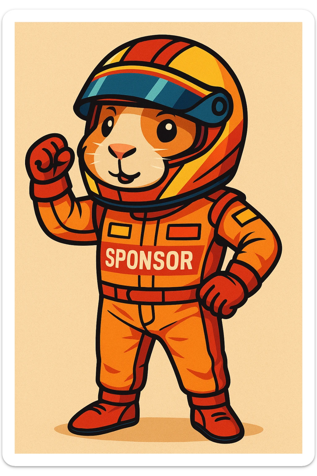full-body guinea pig wearing a Formula 1 racing suit and helmet, detailed cartoon style sticker