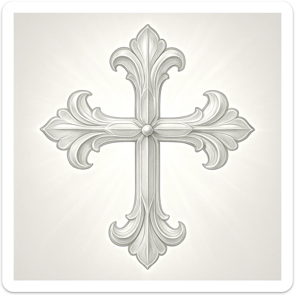 a bright grey flower cross, with ornate petal details and a radiant look sticker