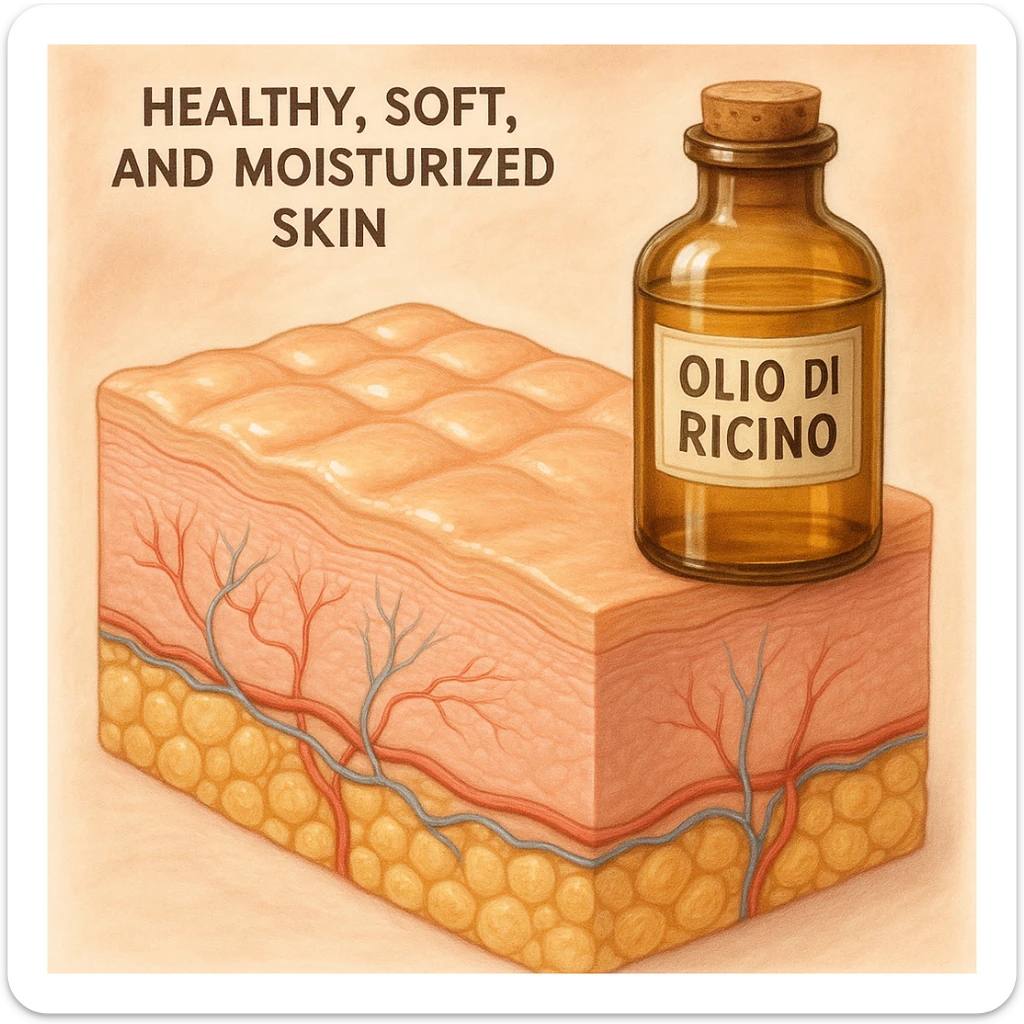 realistic medical illustration of healthy, soft, and moisturized skin thanks to the use of castor oil, with a bottle of castor oil visible labeled in Italian, educational and positive tone sticker