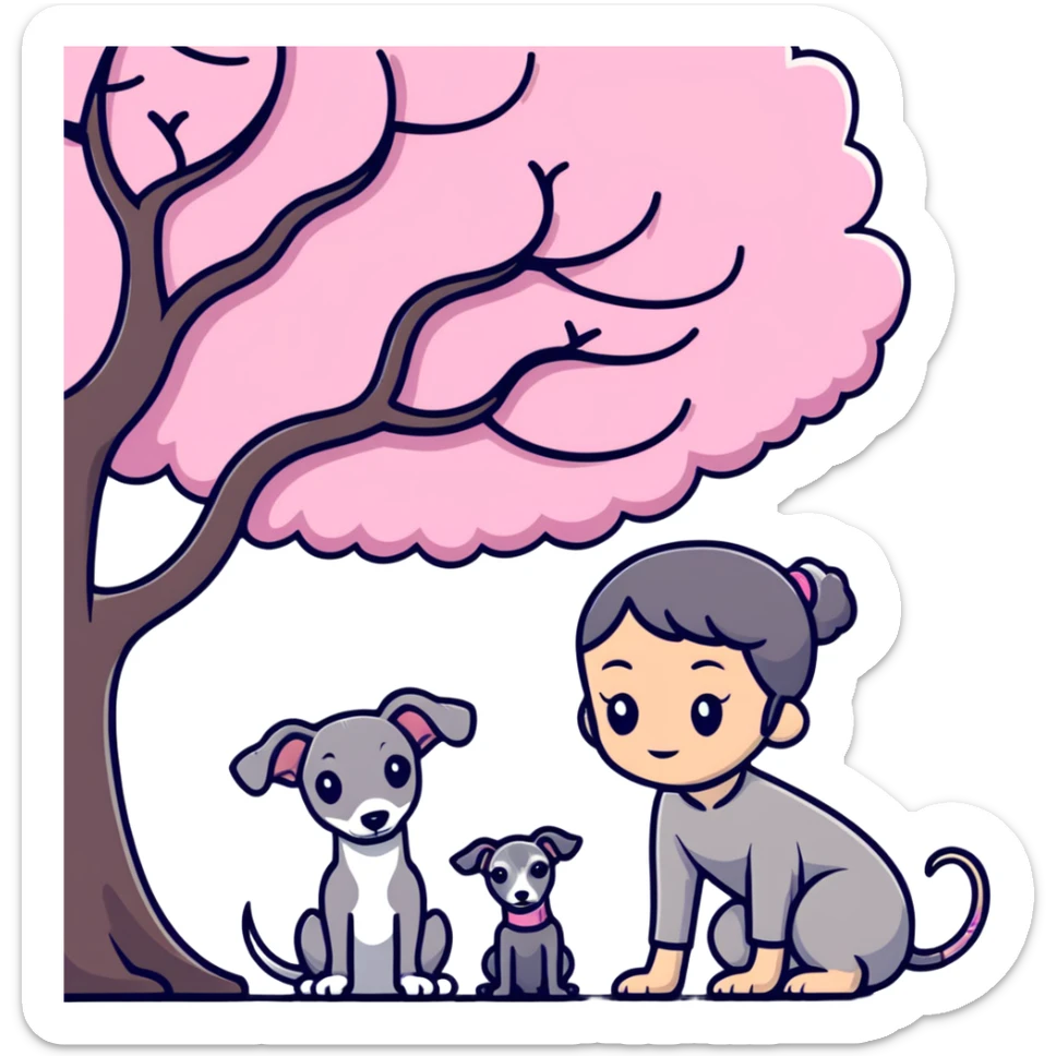 A young Chinese girl and a grey Italian Greyhound sitting under a cherry blossom tree sticker