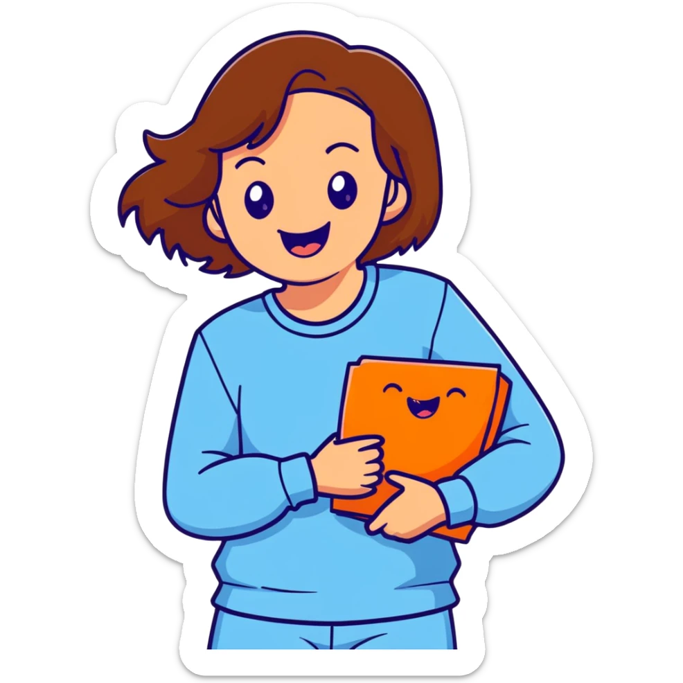 brunette girl with brown hair wearing pastel blue clothes laughing joyfully sticker