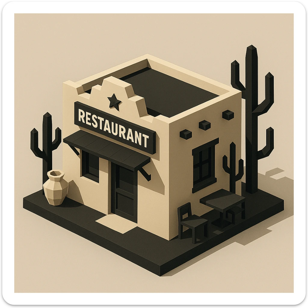 isometric exterior of a southwestern restaurant, black, beige, and white color palette, dollhouse style, low-poly polygonal 3D look sticker