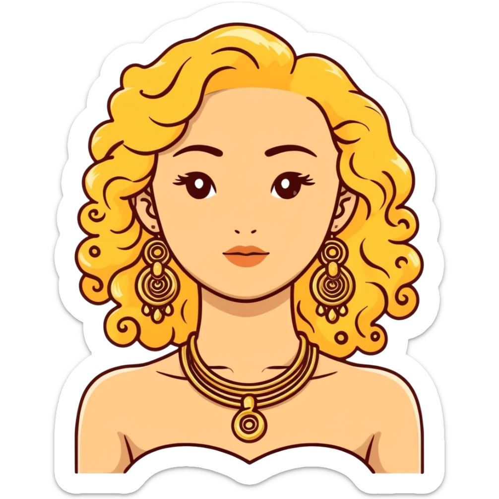 attractive Greek woman with long curly hair and light skin wearing gold Greek jewelry sticker