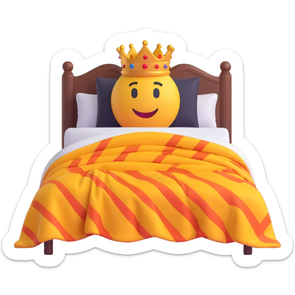 foot of the bed view of a king bed with a person completely hidden under a blanket, only the blanket visible, 3D emoji style sticker